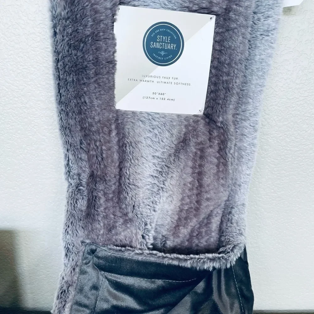 Style Sanctuary Faux Fur Cool Gray Velvet Luxury Throw Blanket